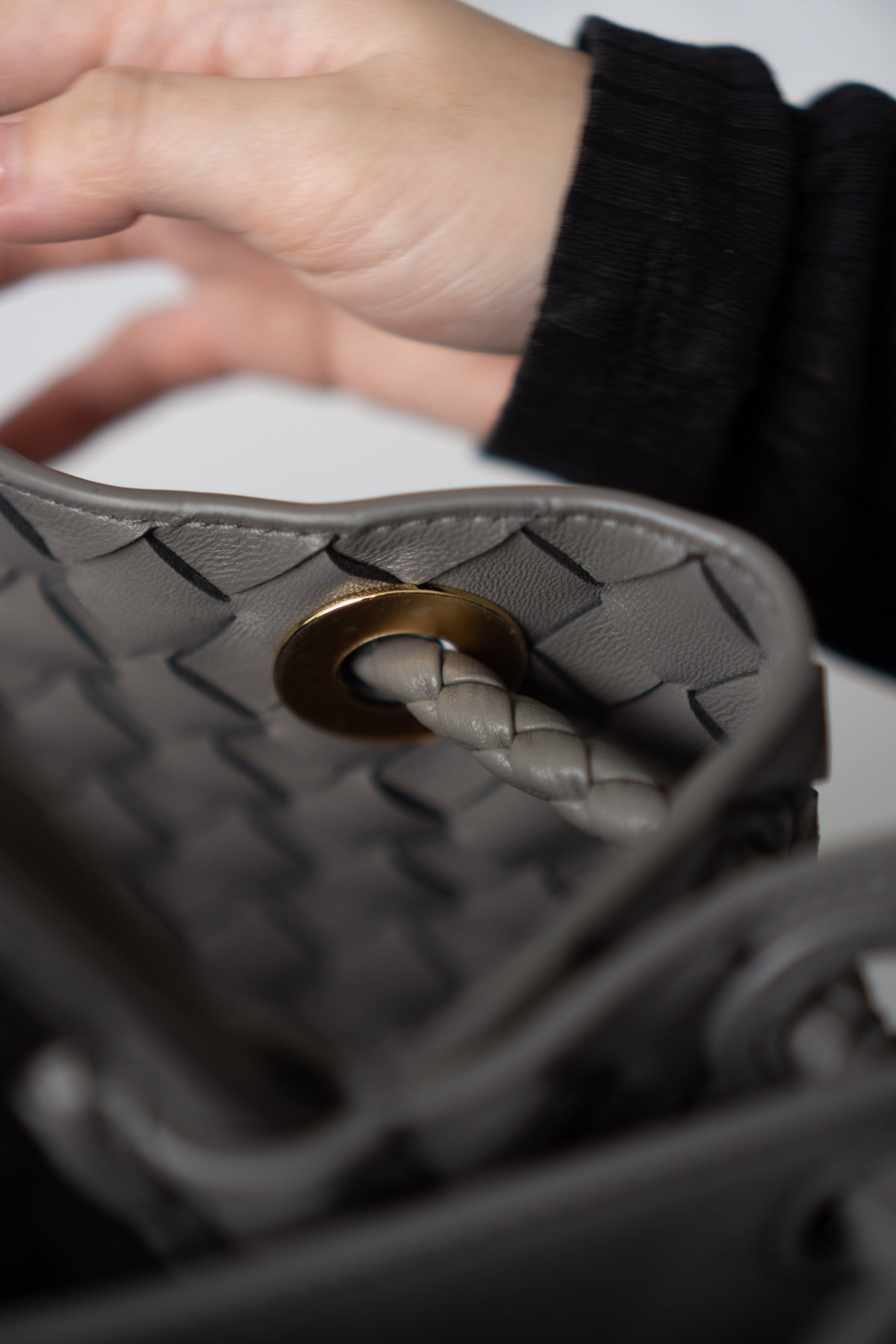 Andiamo – Medium Grey Intrecciato Leather with Gold Hardware