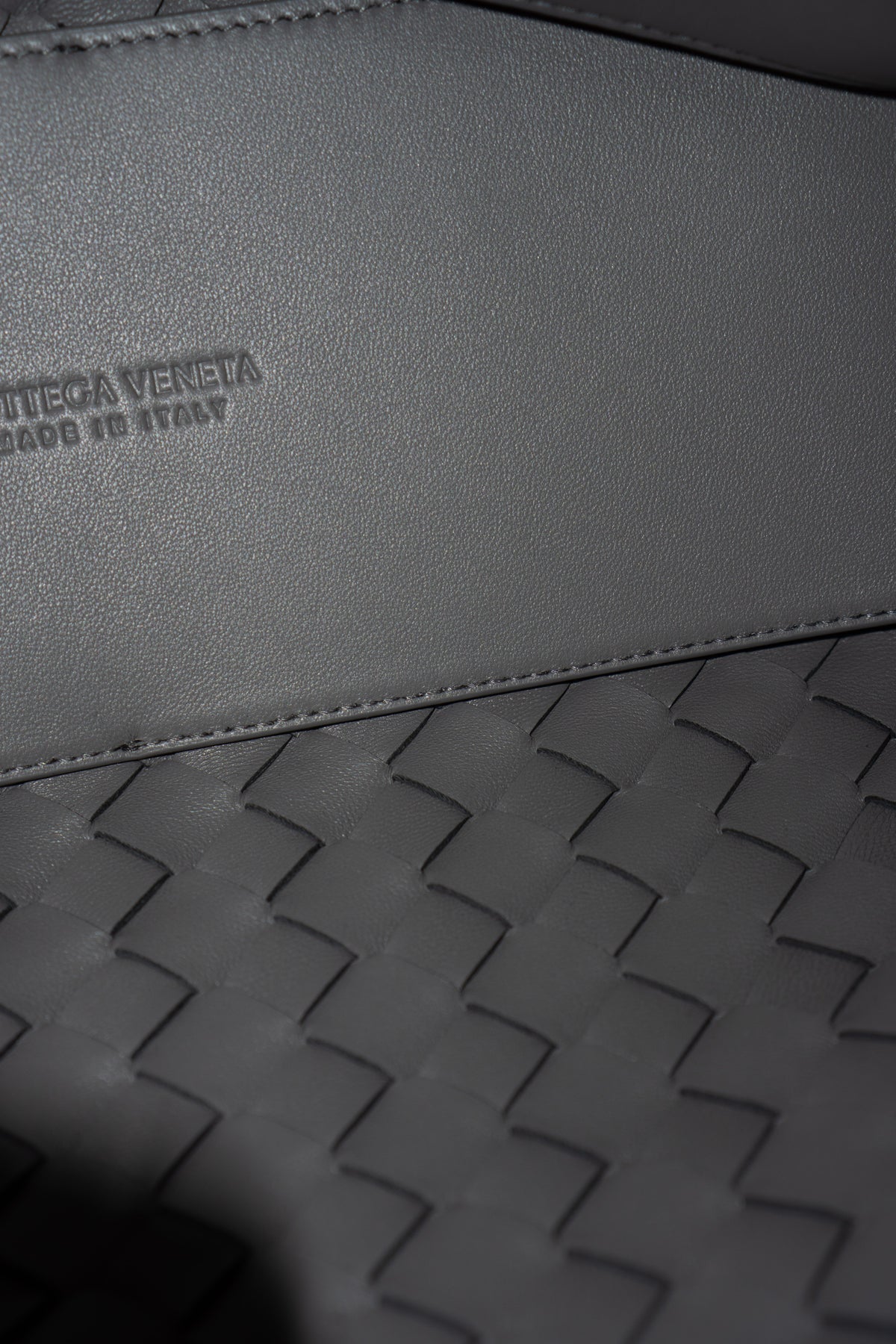 Andiamo – Medium Grey Intrecciato Leather with Gold Hardware