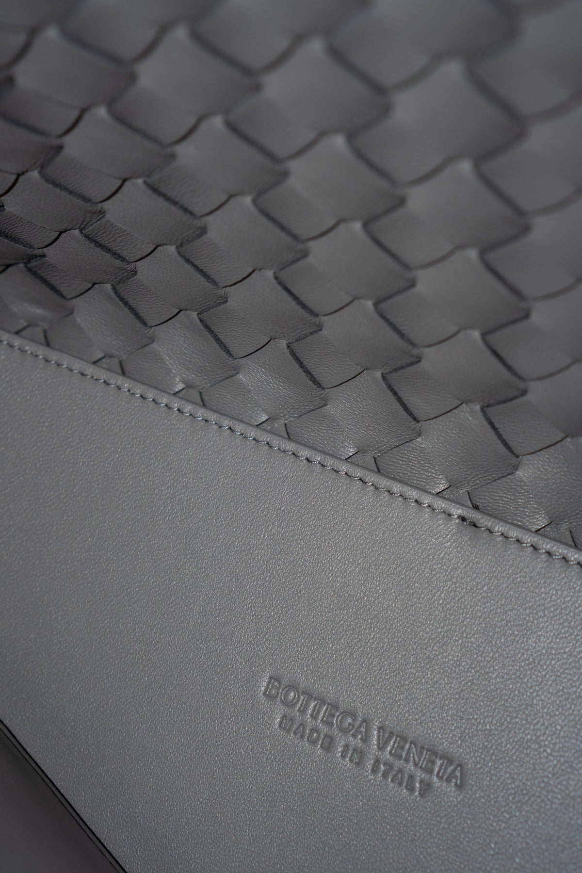 Andiamo – Medium Grey Intrecciato Leather with Gold Hardware