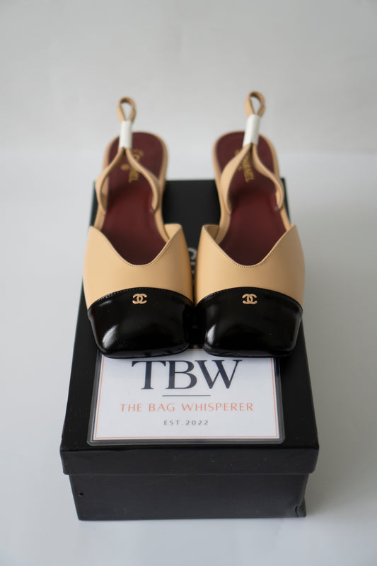 Two-Tone Square-Toe Slingbacks – Beige & Black Lambskin