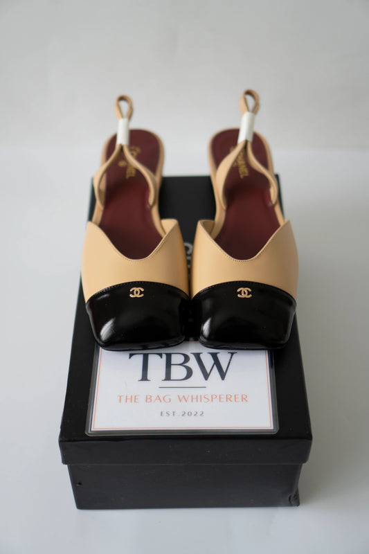 Two-Tone Square-Toe Slingbacks – Beige & Black Lambskin