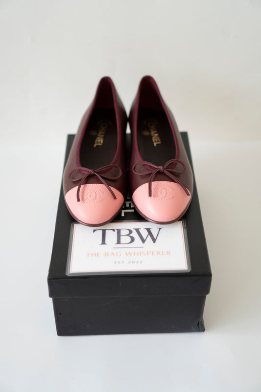 Two-Tone CC Ballerina Flats – Burgundy & Pink Lambskin