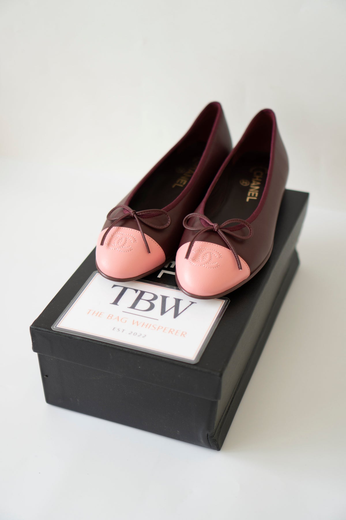 Two-Tone CC Ballerina Flats – Burgundy & Pink Lambskin