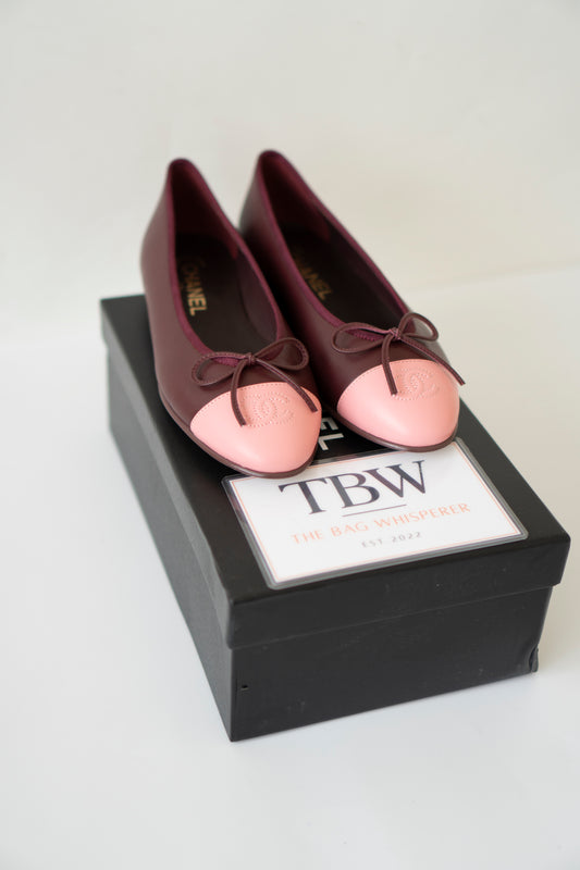 Two-Tone CC Ballerina Flats – Burgundy & Pink Lambskin