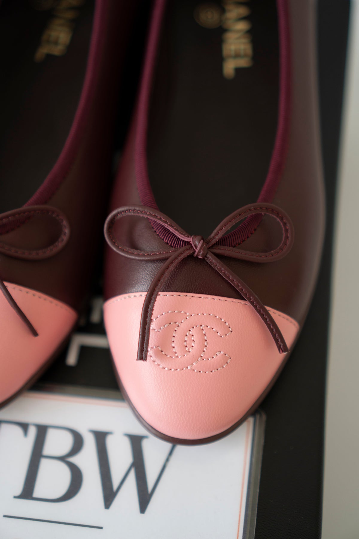 Two-Tone CC Ballerina Flats – Burgundy & Pink Lambskin
