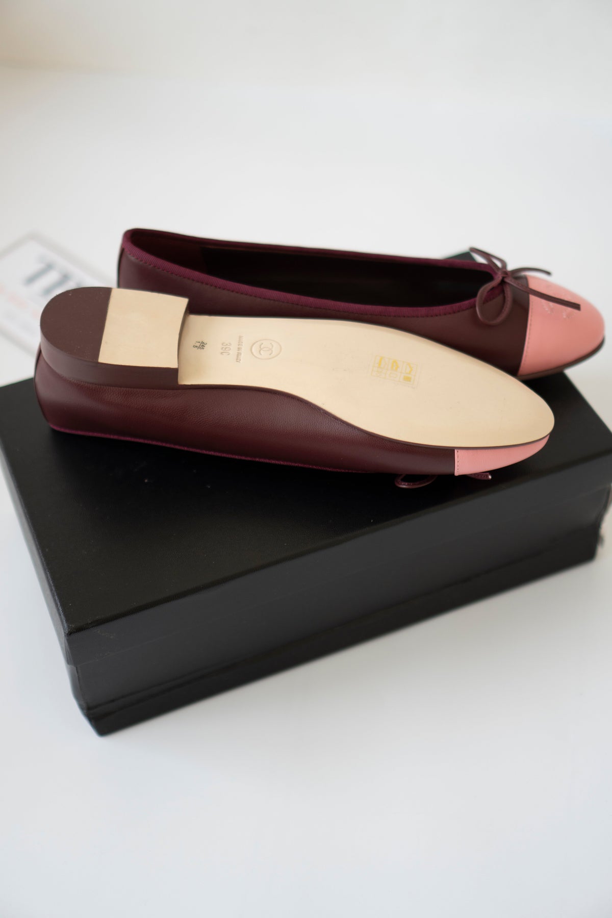 Two-Tone CC Ballerina Flats – Burgundy & Pink Lambskin