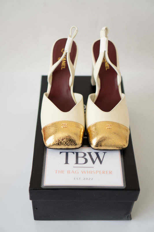 Cream & Gold Slingback Block Heels