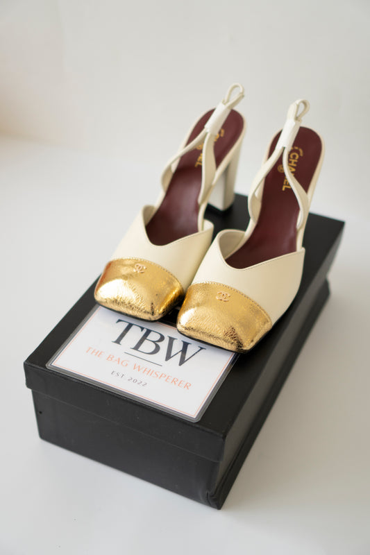 Cream & Gold Slingback Block Heels