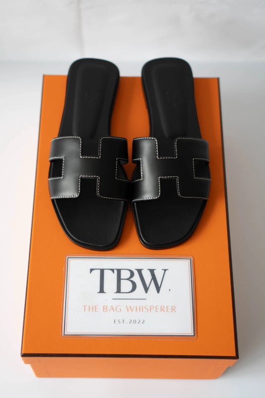Oran Black Smooth Leather Contrast-Stitch Sandals