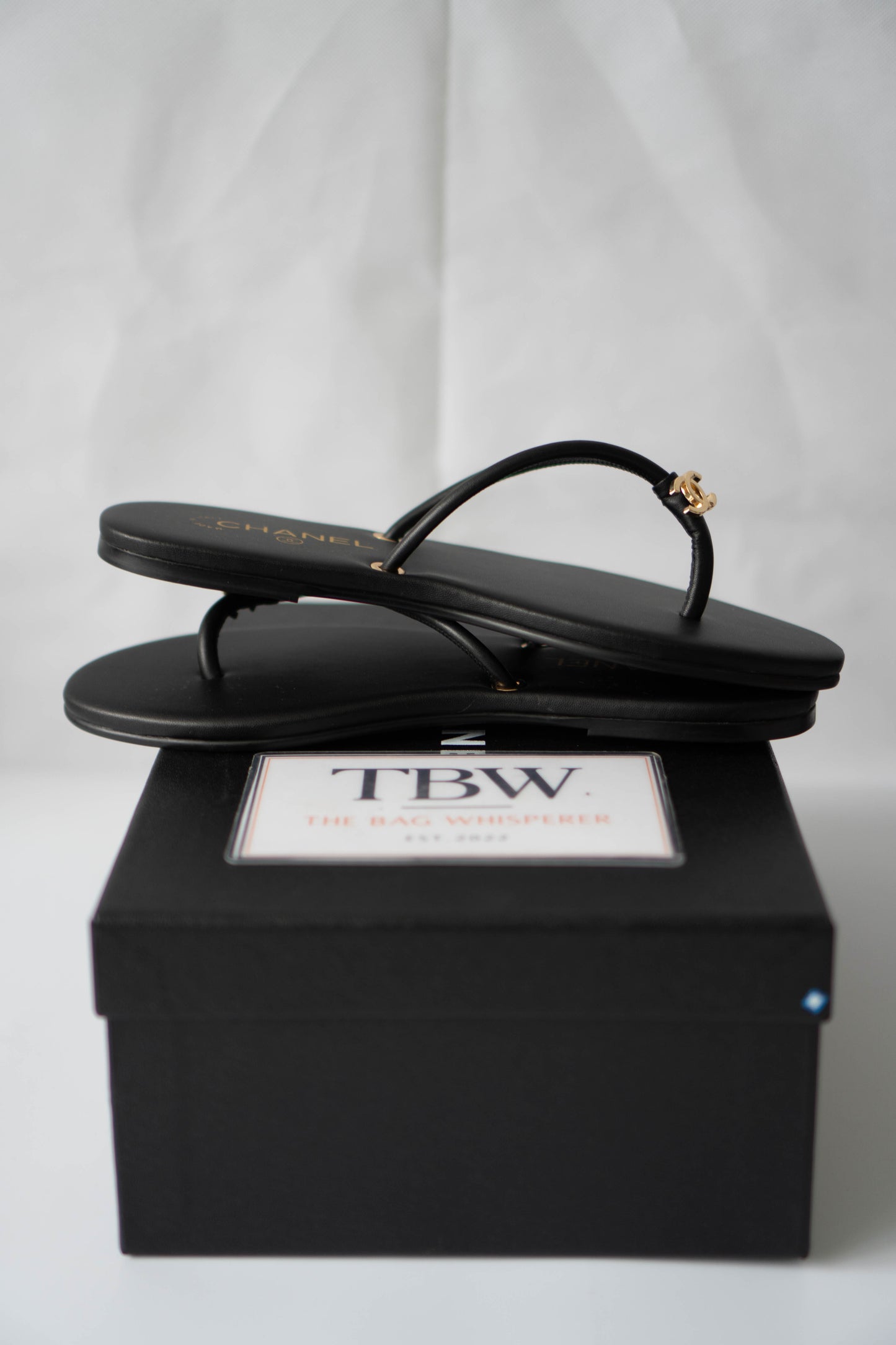 Interlocking Leather Thong Sandals – Black with Gold Hardware