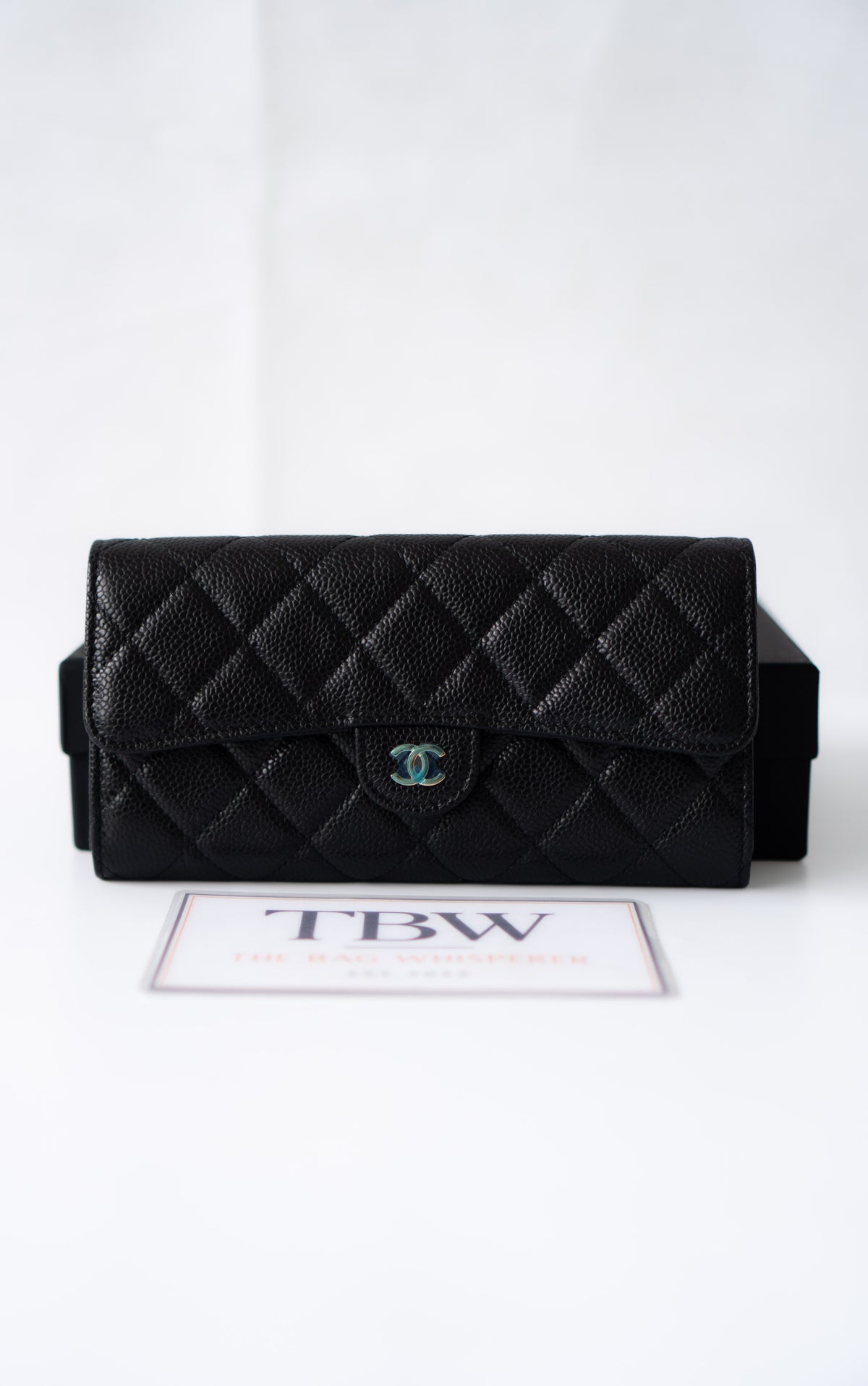 Classic Flap Long Wallet – Black Caviar Leather with Iridescent Hardware