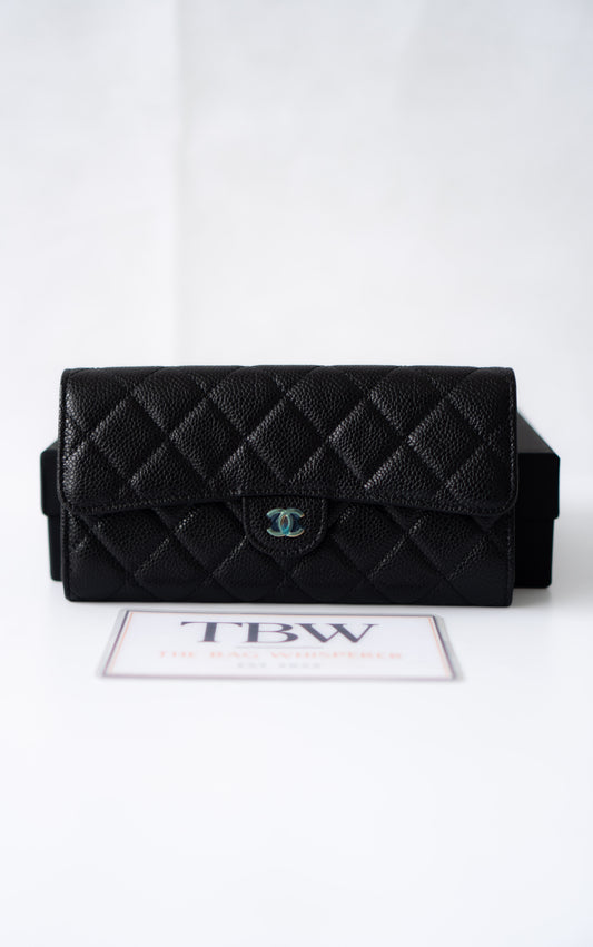 Classic Flap Long Wallet – Black Caviar Leather with Iridescent Hardware