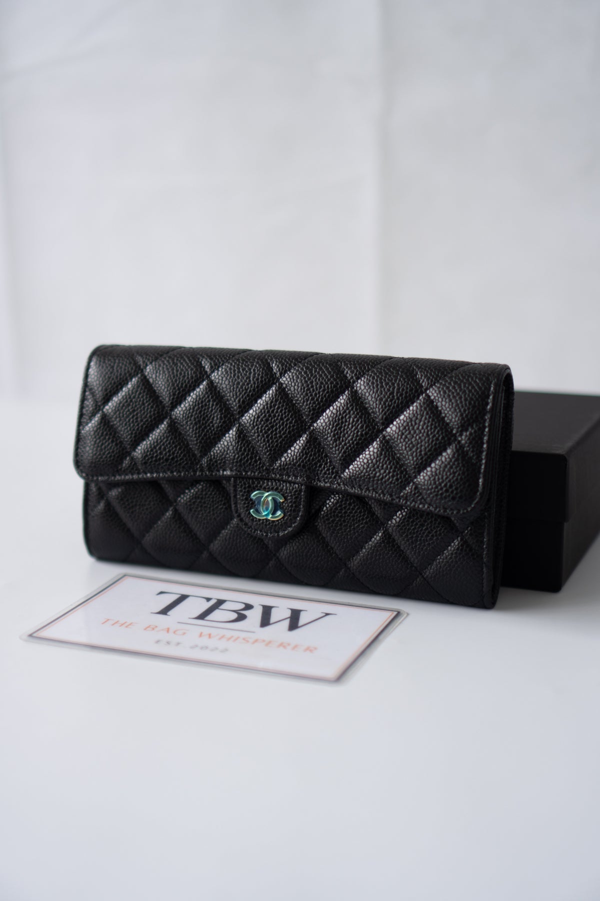 Classic Flap Long Wallet – Black Caviar Leather with Iridescent Hardware