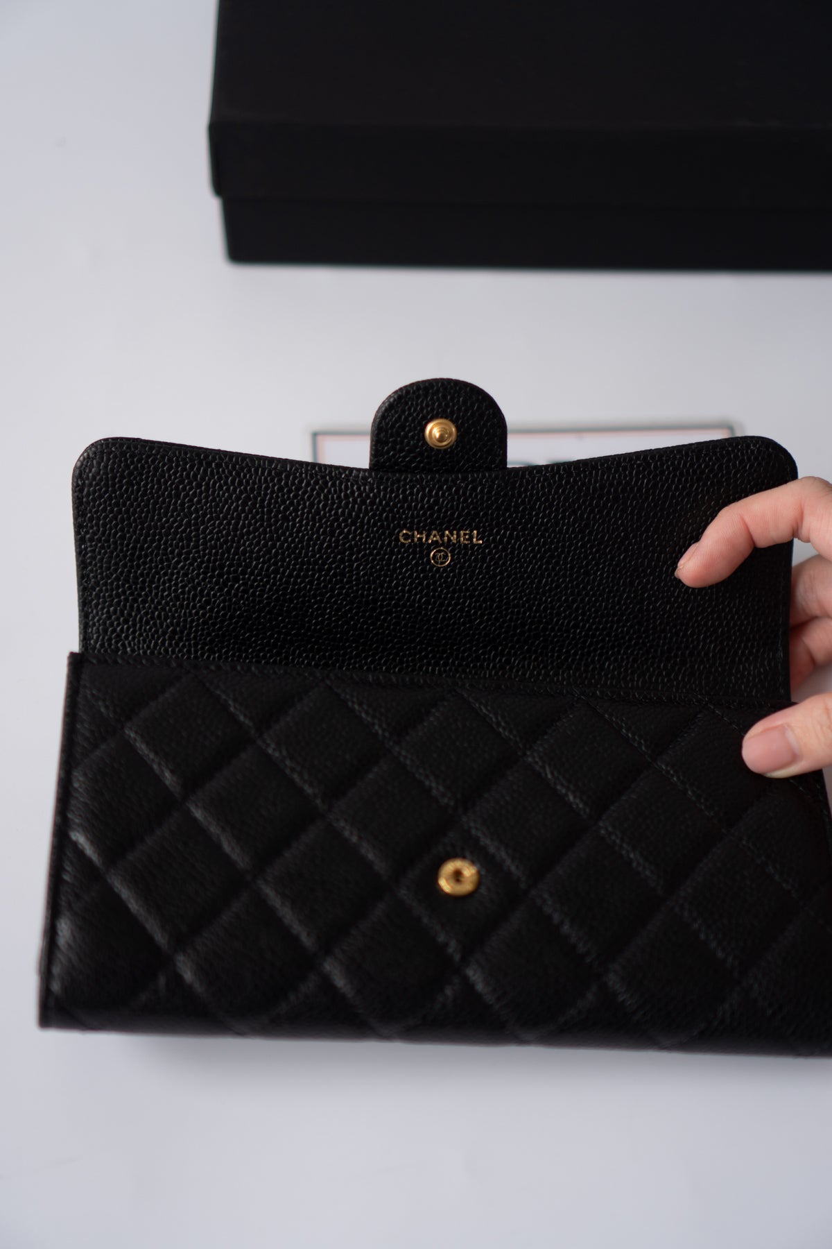 Classic Flap Long Wallet – Black Caviar Leather with Iridescent Hardware
