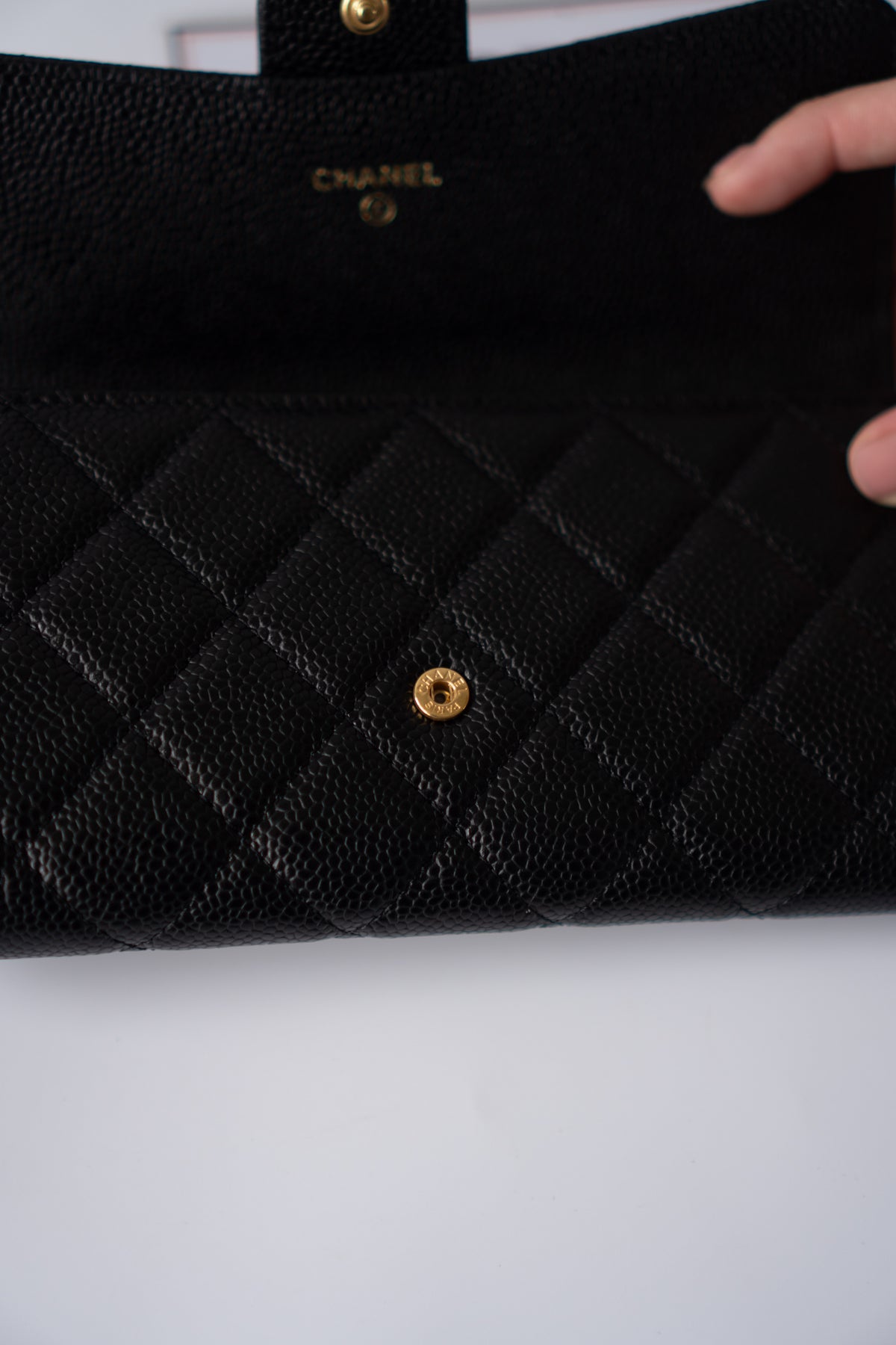 Classic Flap Long Wallet – Black Caviar Leather with Iridescent Hardware
