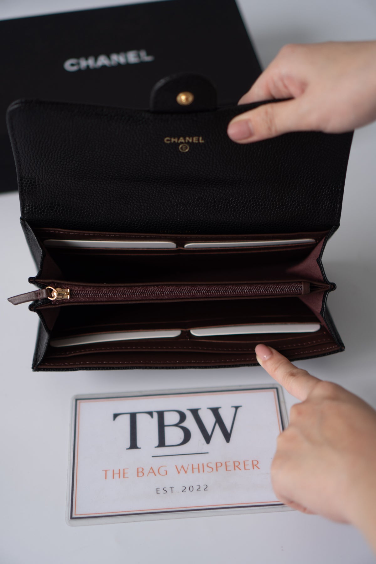 Classic Flap Long Wallet – Black Caviar Leather with Iridescent Hardware