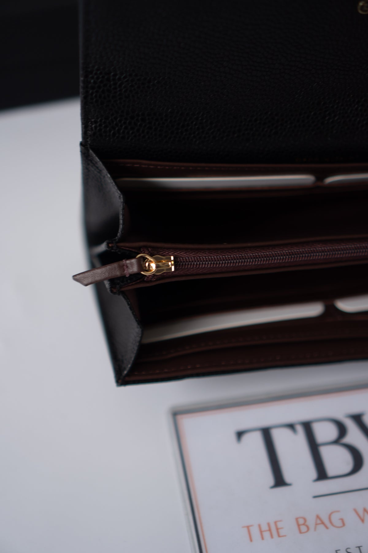 Classic Flap Long Wallet – Black Caviar Leather with Iridescent Hardware