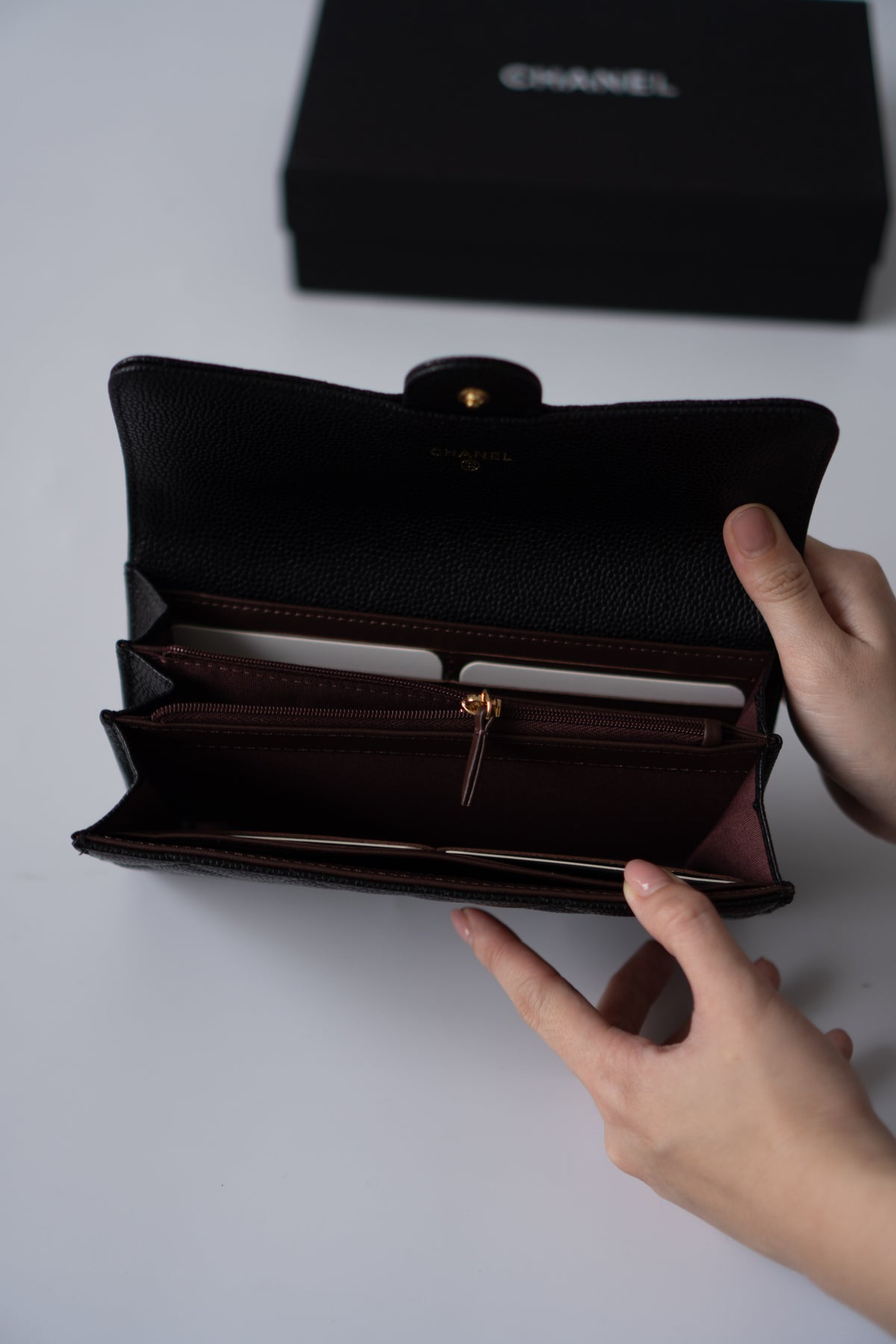 Classic Flap Long Wallet – Black Caviar Leather with Iridescent Hardware