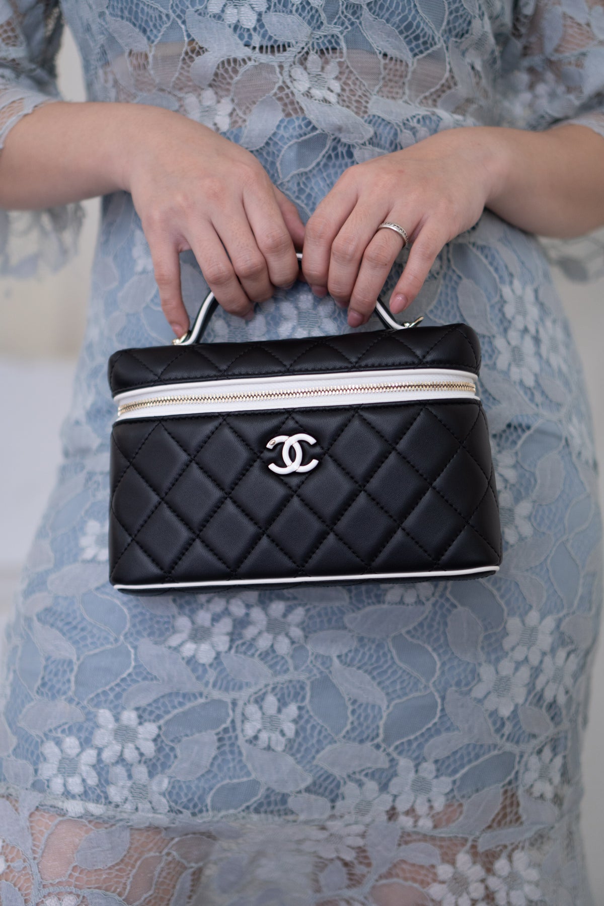 Small Vanity Chain Case – Black Quilted Lambskin with White Piping