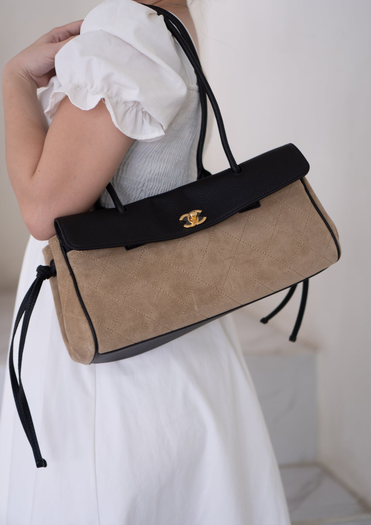East-West Suede Flap Bag – Beige & Black Leather