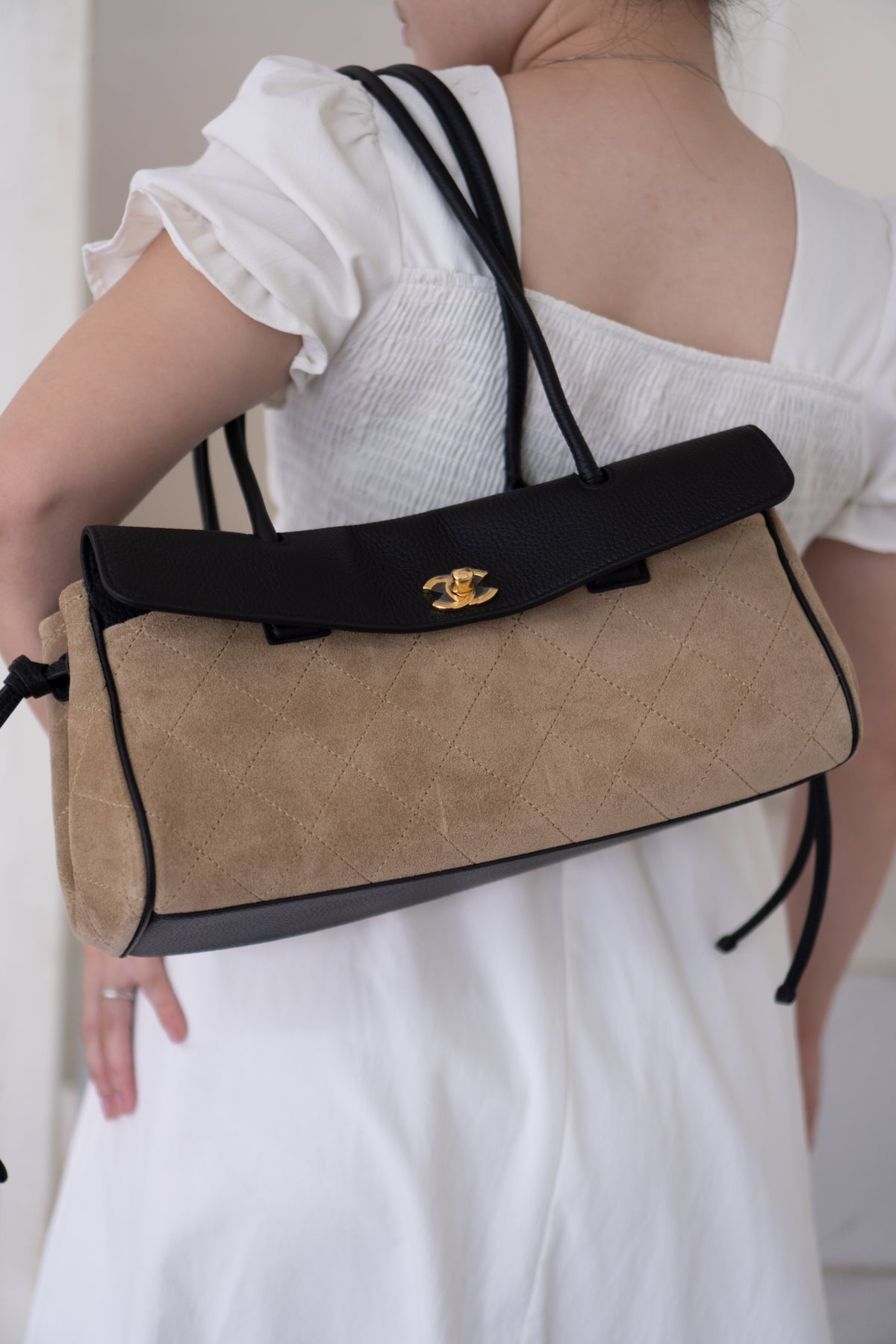 East-West Suede Flap Bag – Beige & Black Leather