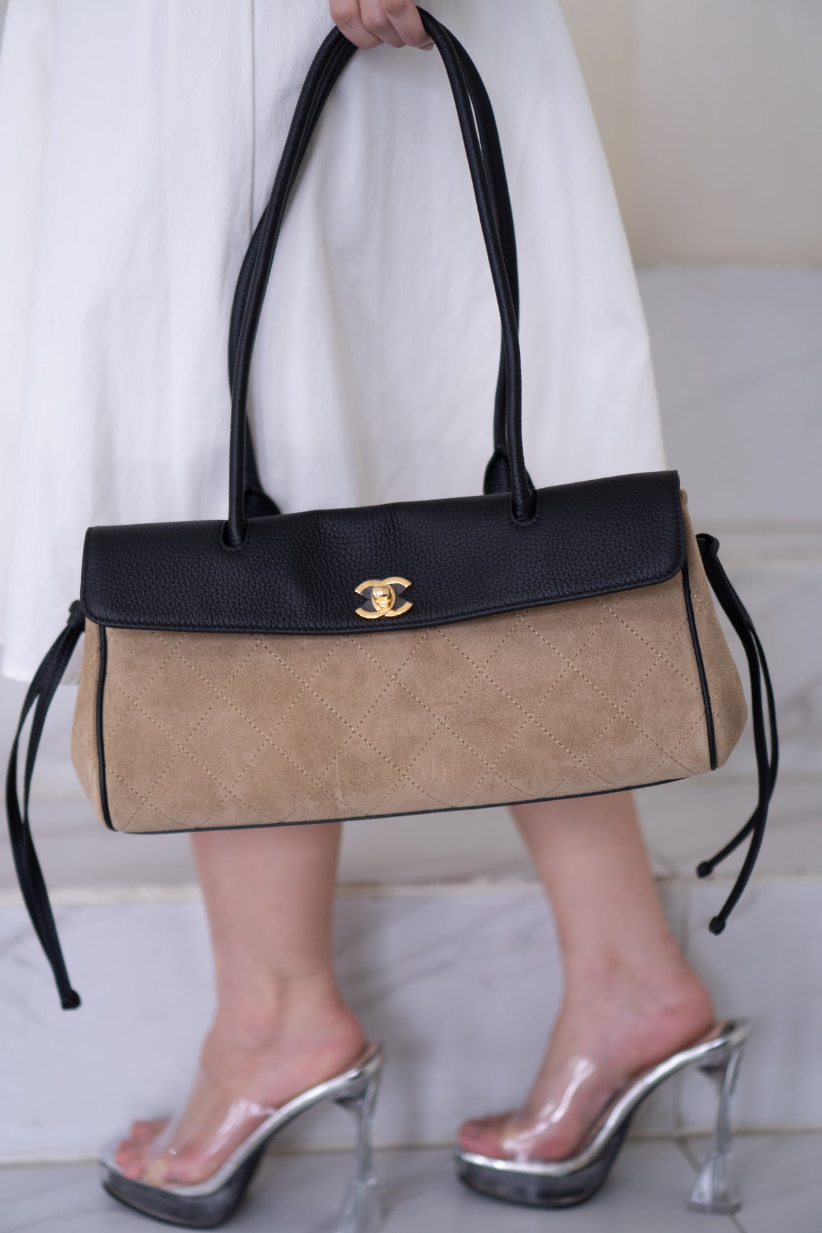 East-West Suede Flap Bag – Beige & Black Leather
