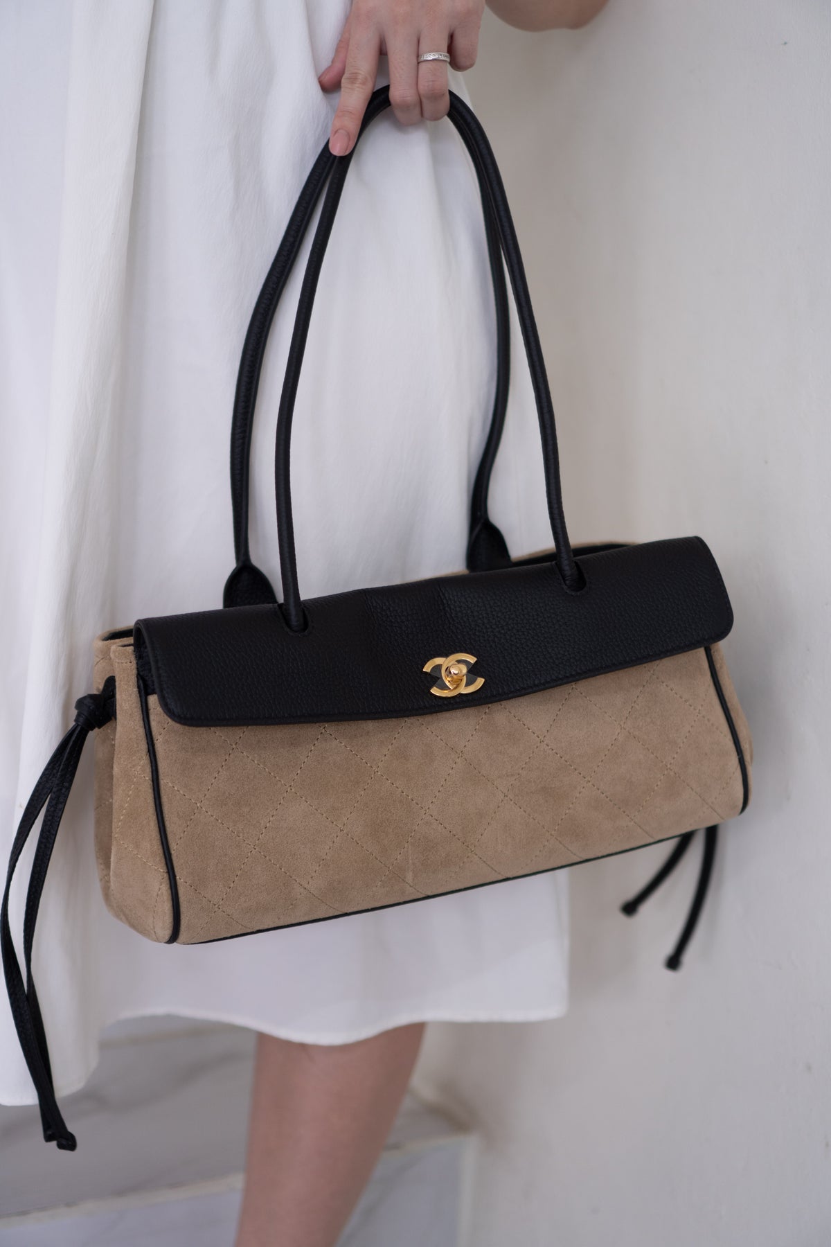 East-West Suede Flap Bag – Beige & Black Leather