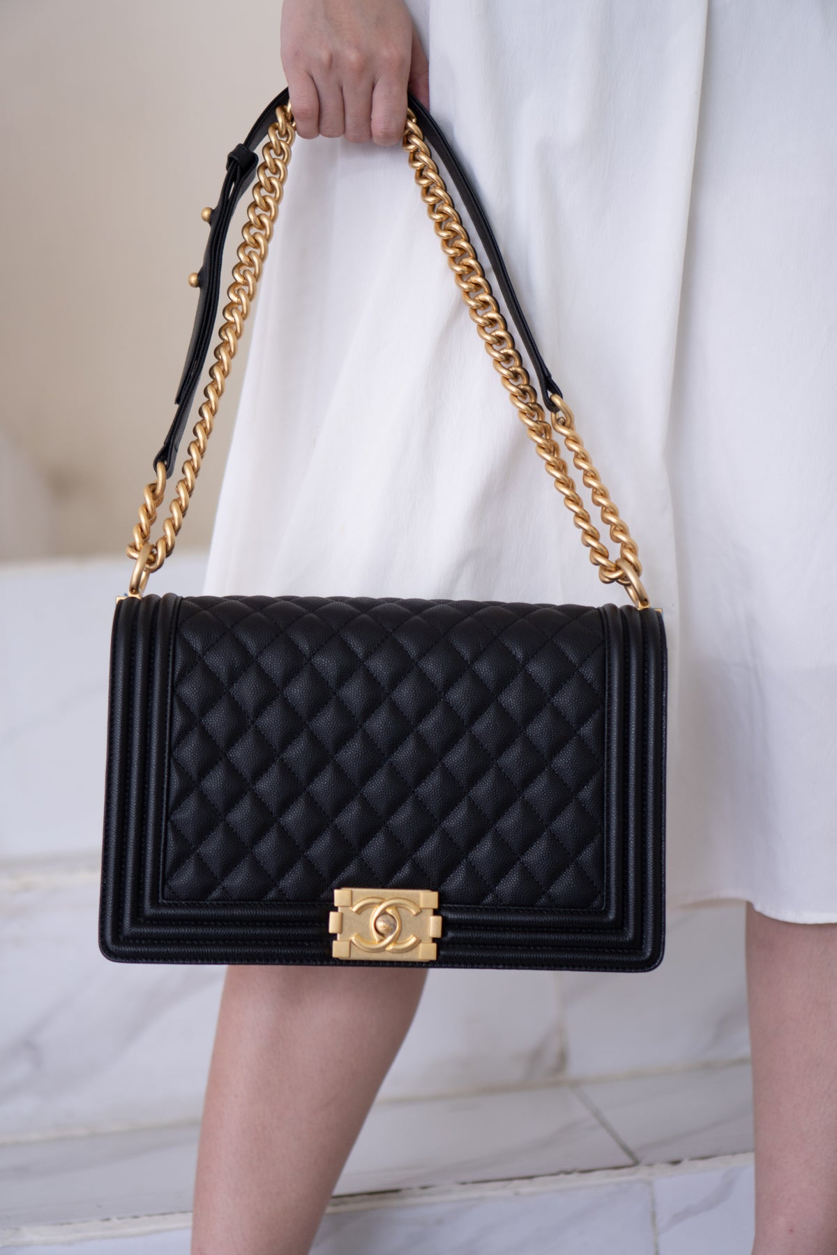 New Le Boy (28 cm)Medium – Black Caviar Leather with Brushed Gold Hardware