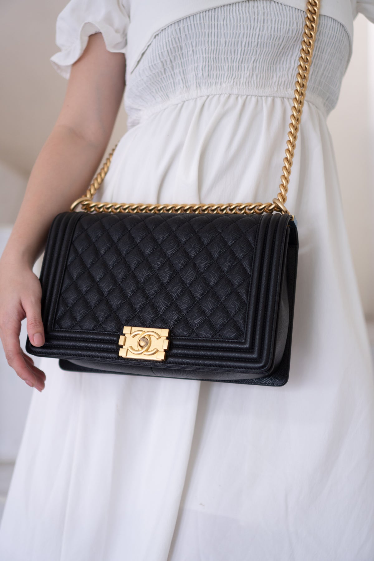 New Le Boy (28 cm)Medium – Black Caviar Leather with Brushed Gold Hardware