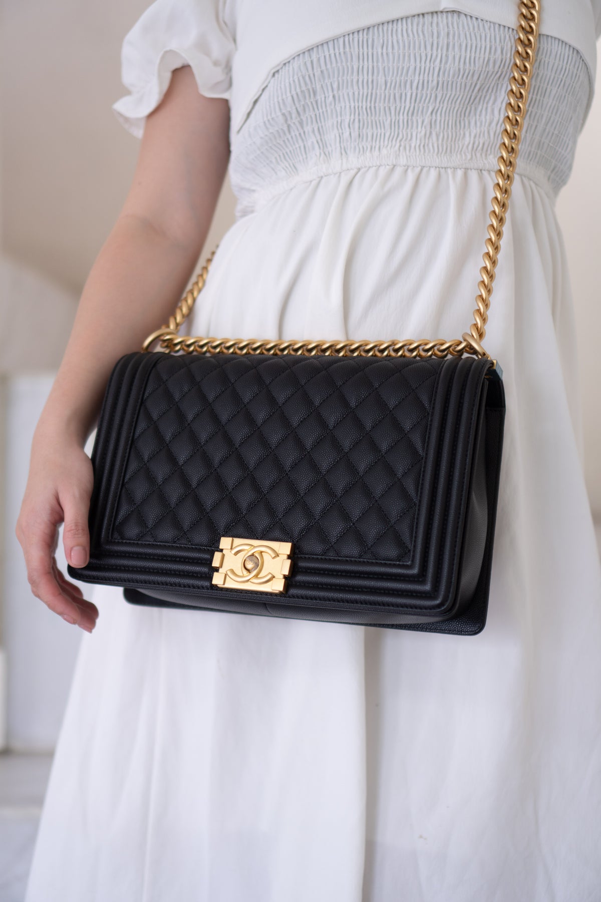 New Le Boy (28 cm)Medium – Black Caviar Leather with Brushed Gold Hardware