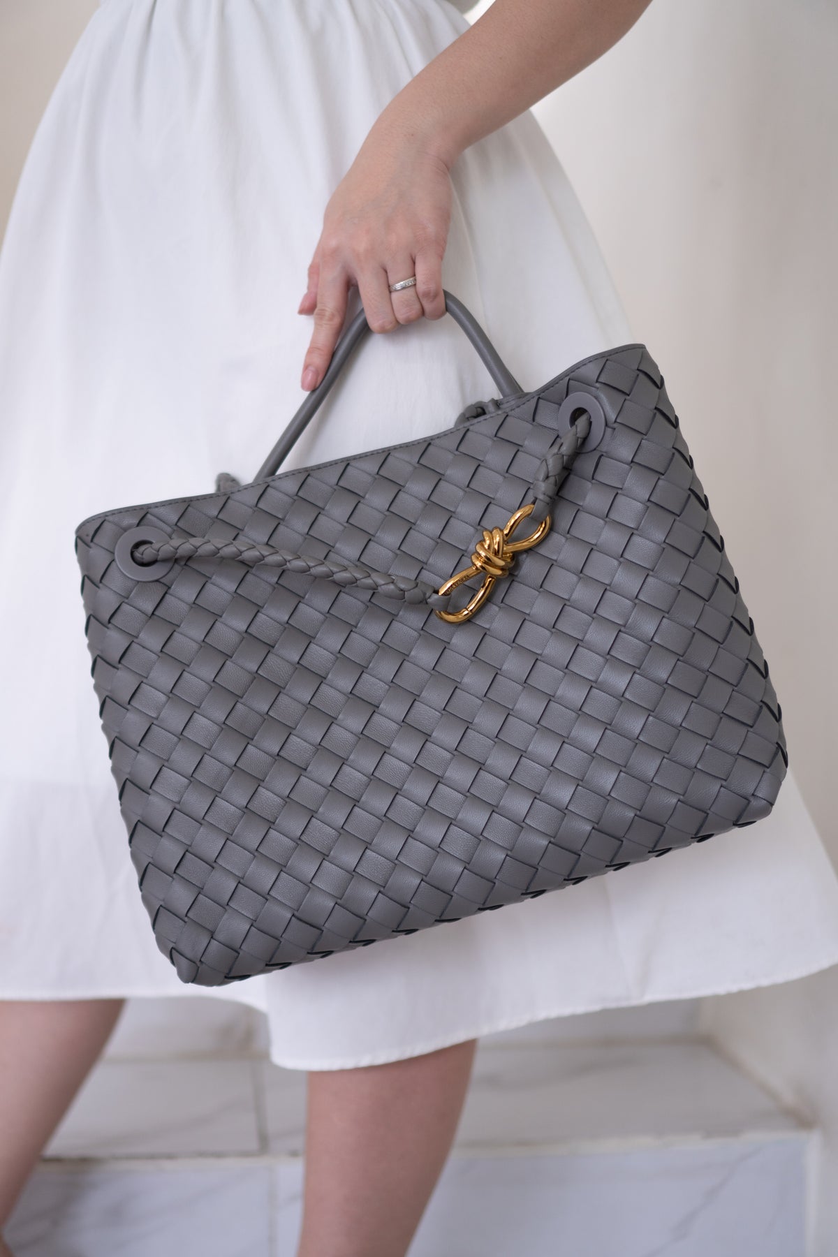 Andiamo – Medium Grey Intrecciato Leather with Gold Hardware