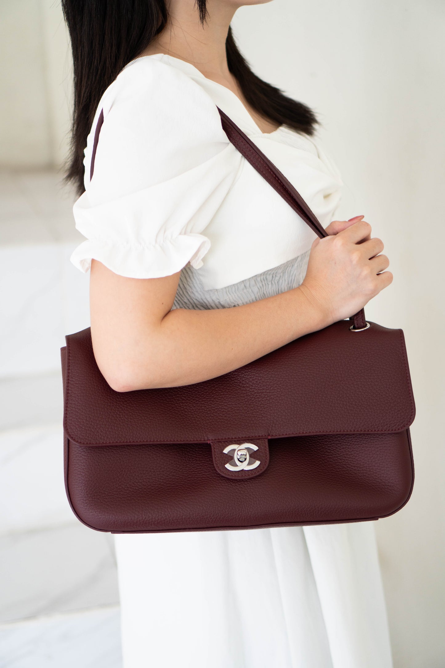 Maxi "Souplissimo" Flap Bag – Burgundy Caviar with Silver Hardware