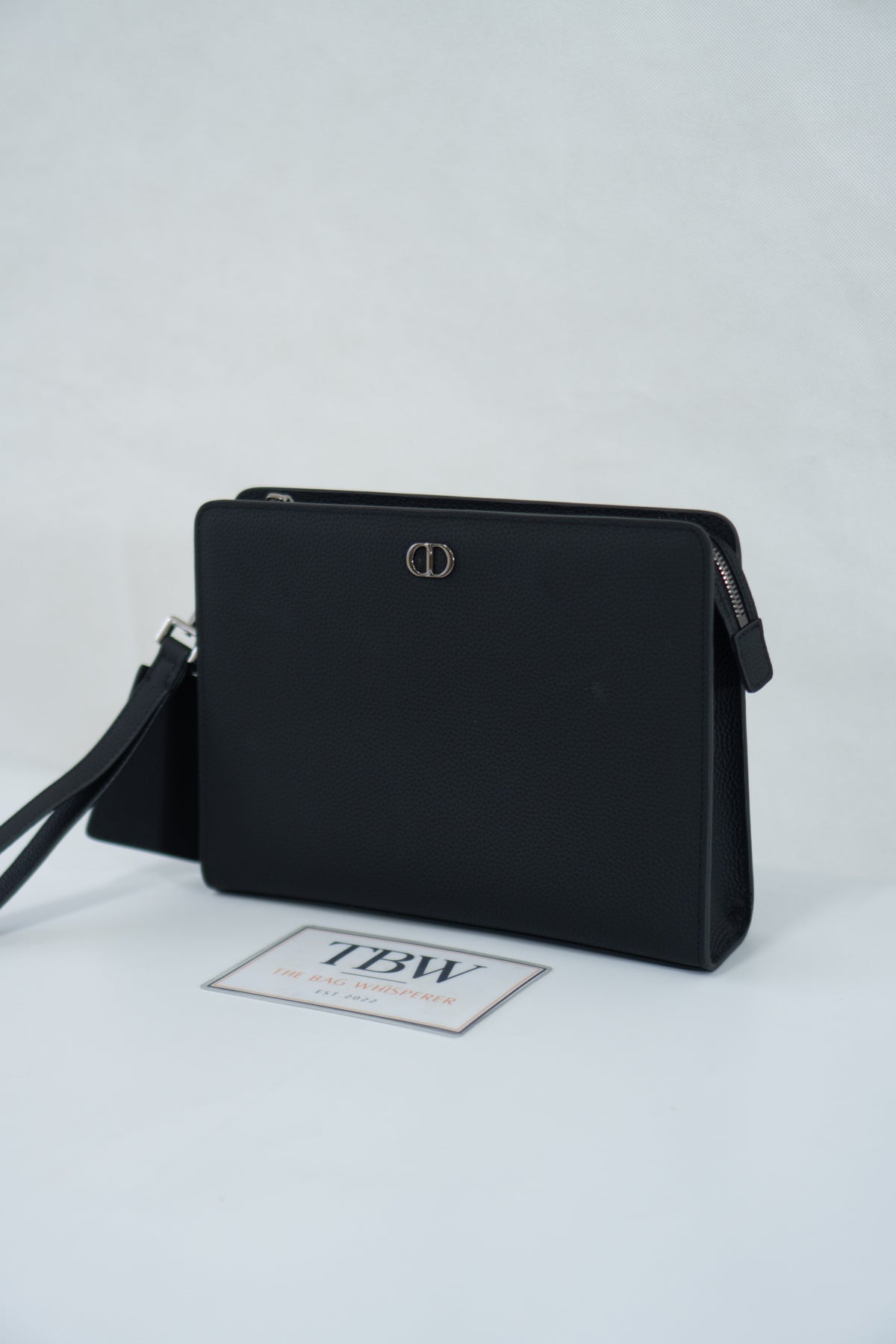 CD Icon A5 Zipped Triangle Pouch – Black Grained Leather with Silver Hardware