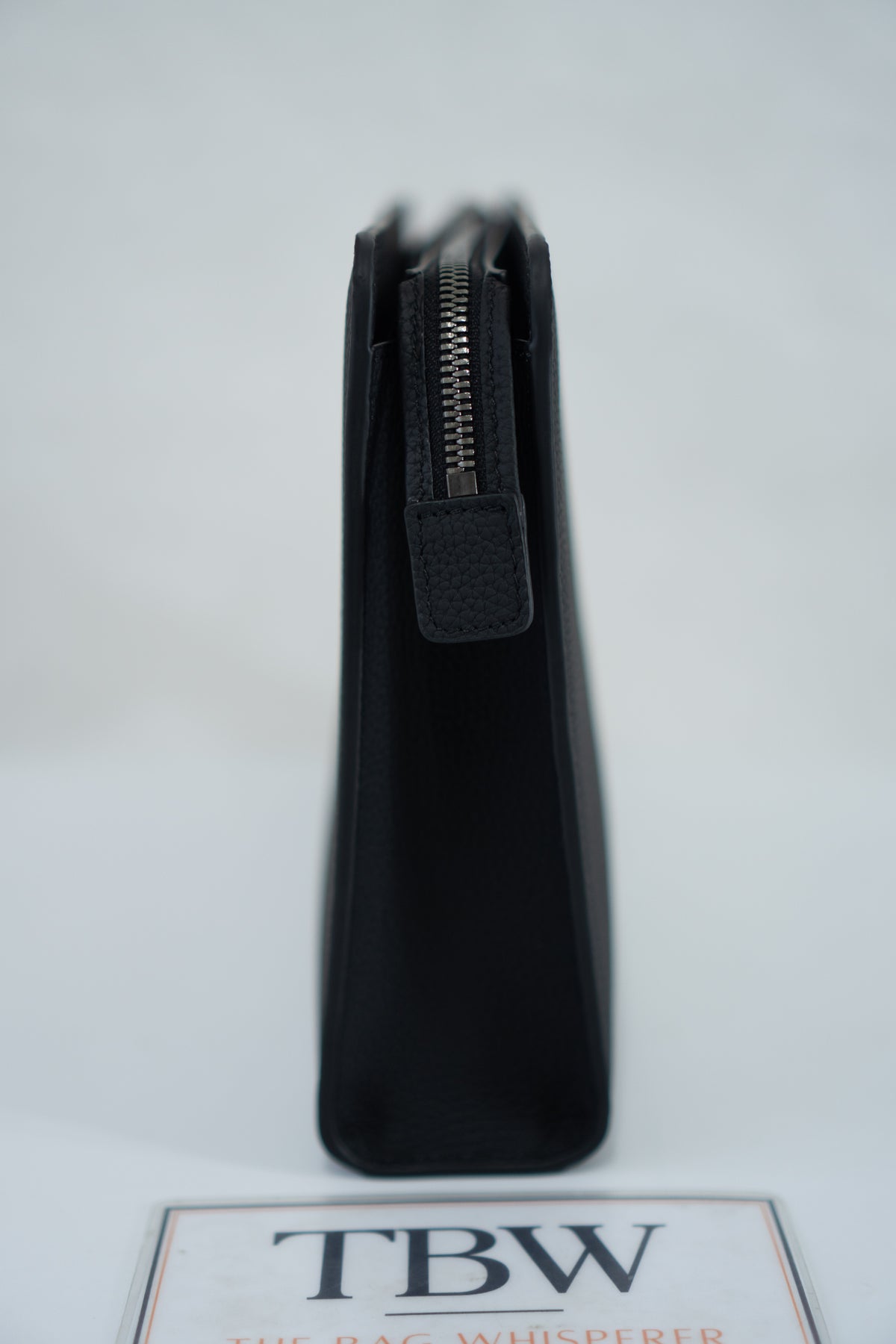 CD Icon A5 Zipped Triangle Pouch – Black Grained Leather with Silver Hardware
