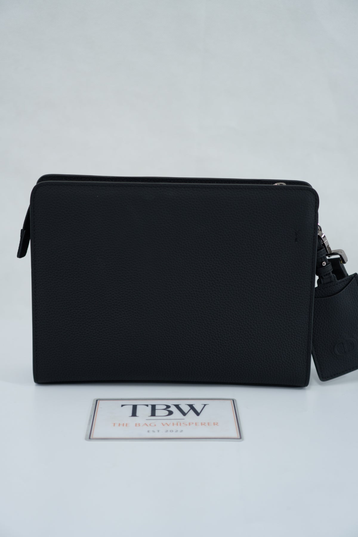 CD Icon A5 Zipped Triangle Pouch – Black Grained Leather with Silver Hardware