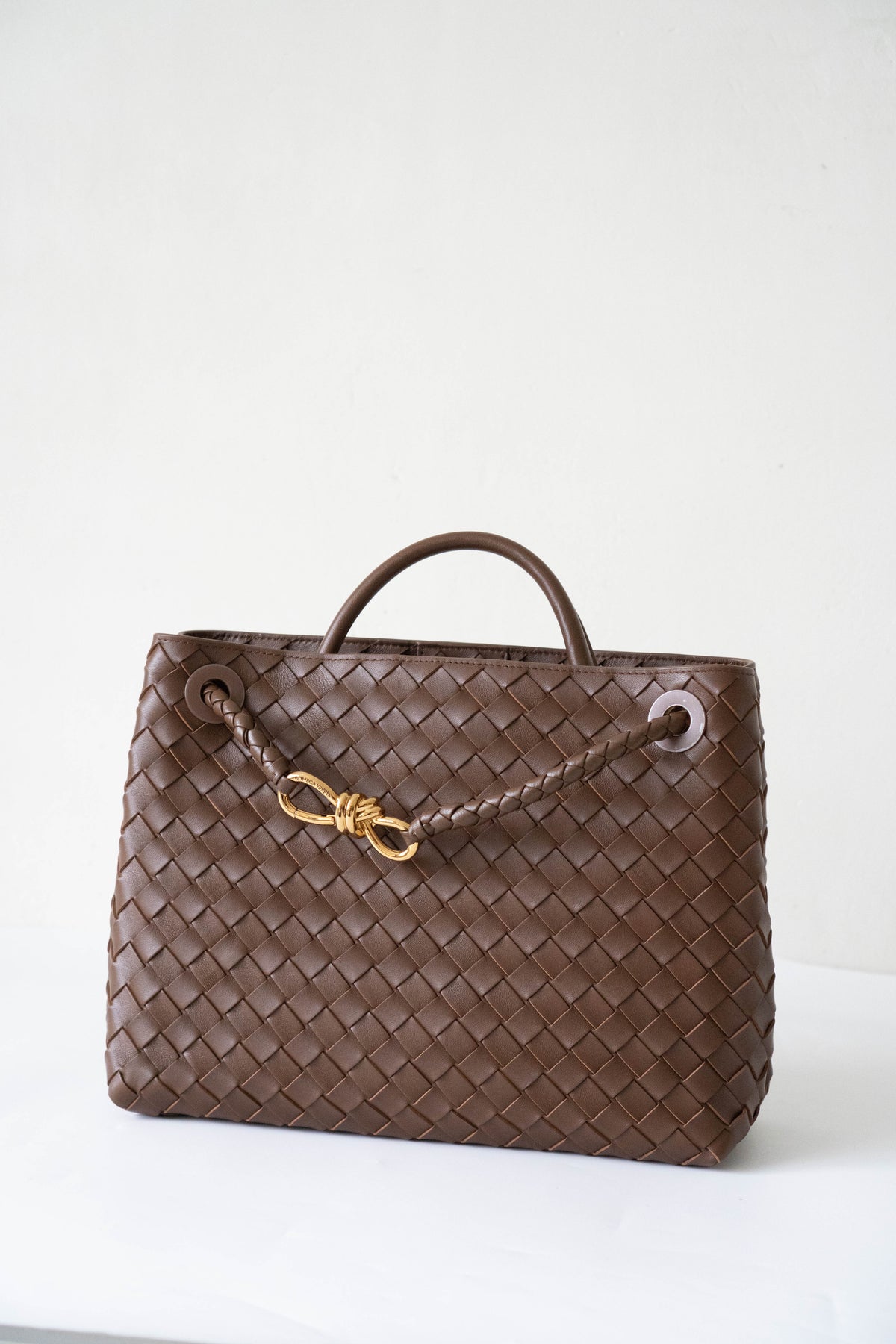 Andiamo Medium – Fondant Brown Intrecciato Leather with Gold Hardware