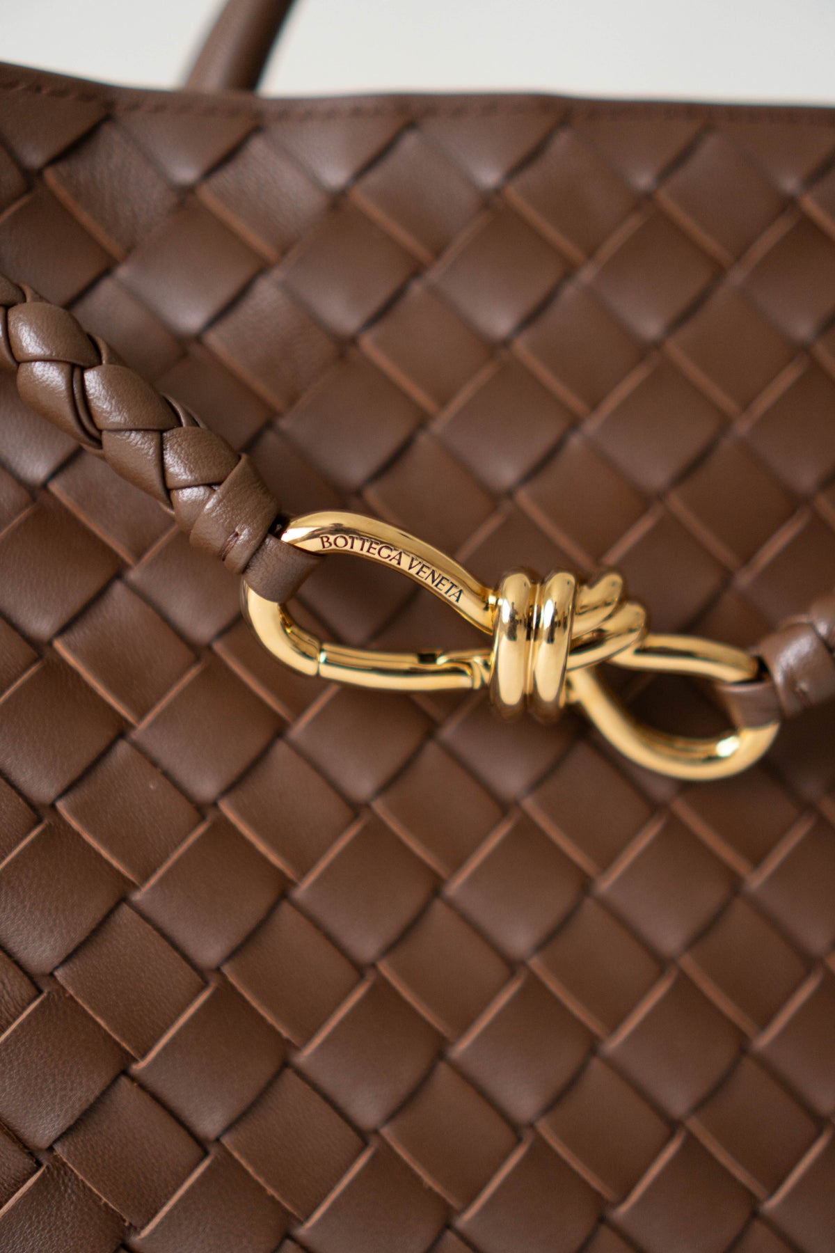 Andiamo Medium – Fondant Brown Intrecciato Leather with Gold Hardware