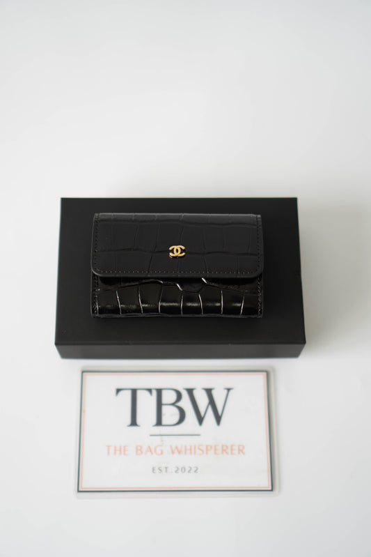 Compact Card Holder – Black Croc-Embossed Calfskin with Gold Hardware