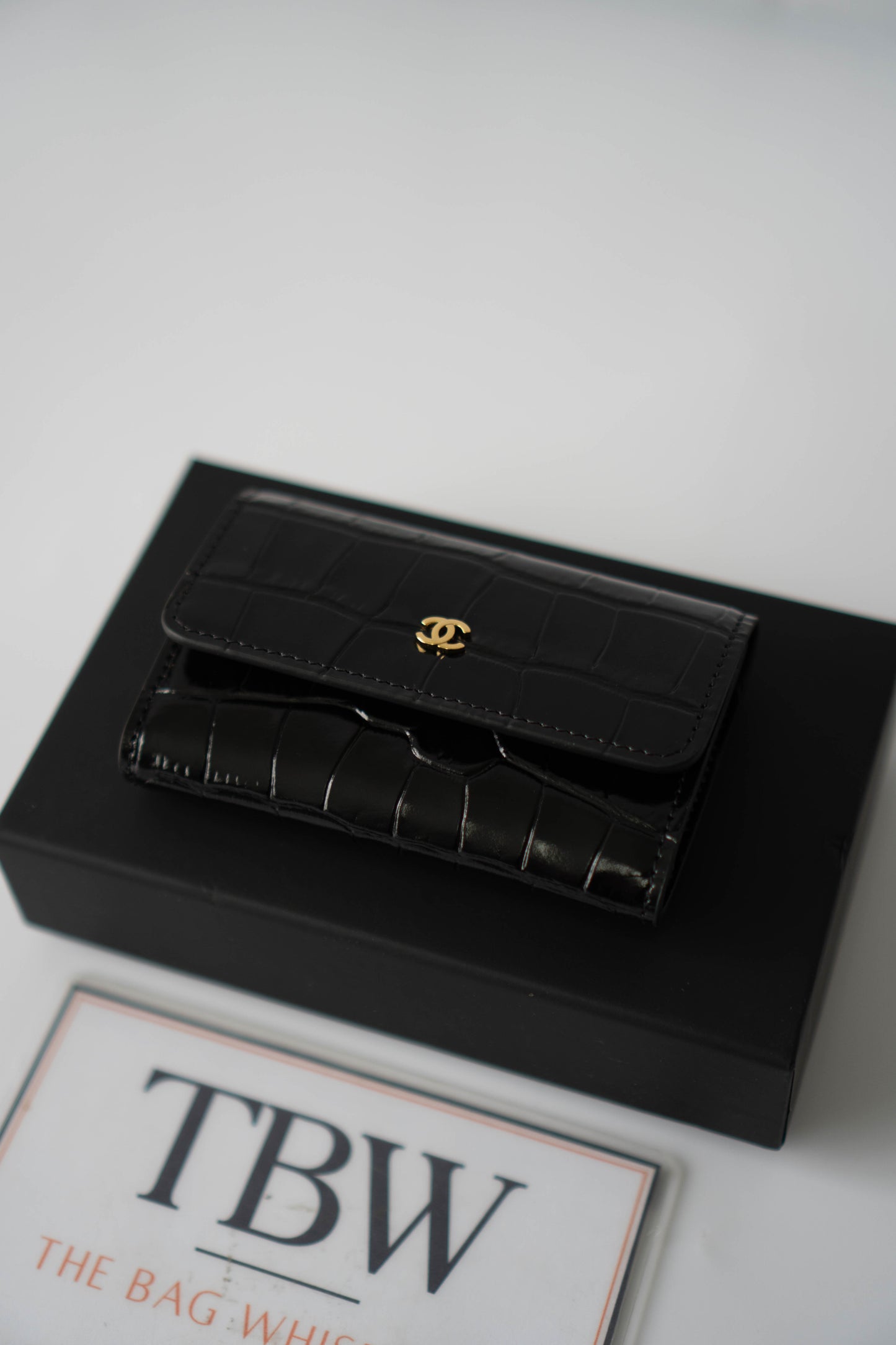 Compact Card Holder – Black Croc-Embossed Calfskin with Gold Hardware