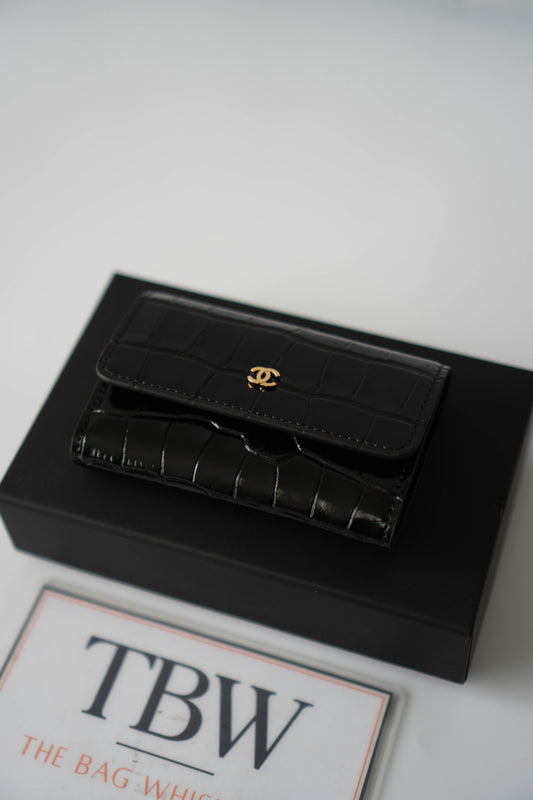 Compact Card Holder – Black Croc-Embossed Calfskin with Gold Hardware