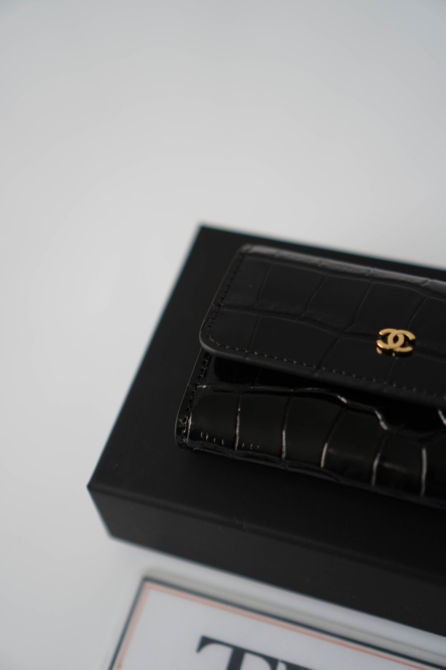 Compact Card Holder – Black Croc-Embossed Calfskin with Gold Hardware