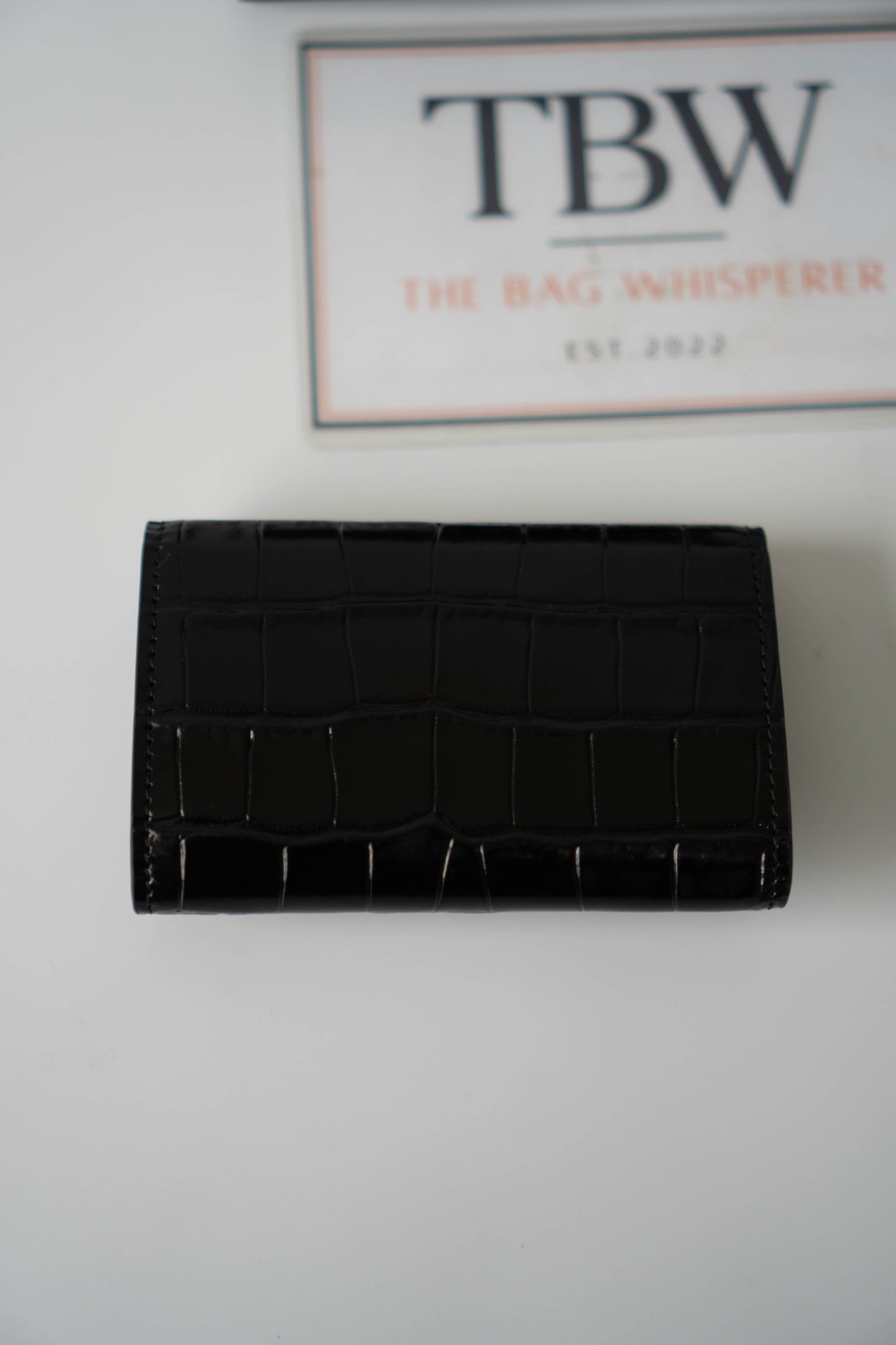 Compact Card Holder – Black Croc-Embossed Calfskin with Gold Hardware