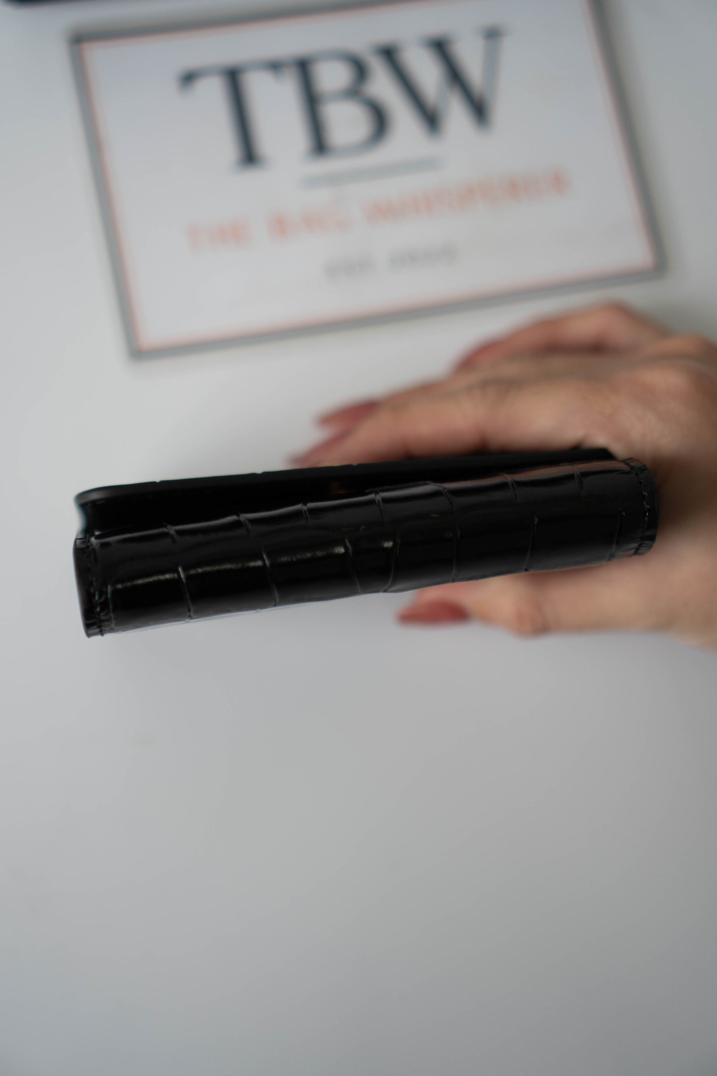 Compact Card Holder – Black Croc-Embossed Calfskin with Gold Hardware