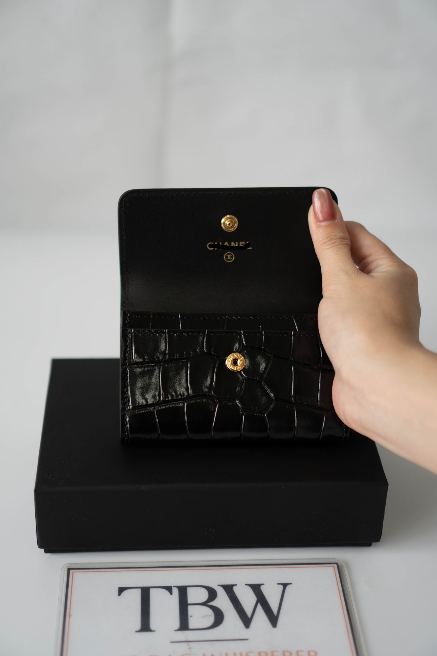Compact Card Holder – Black Croc-Embossed Calfskin with Gold Hardware