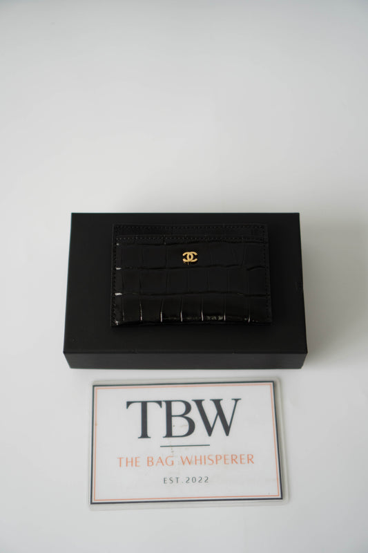 Classic Card Holder – Black Croc Embossed Leather