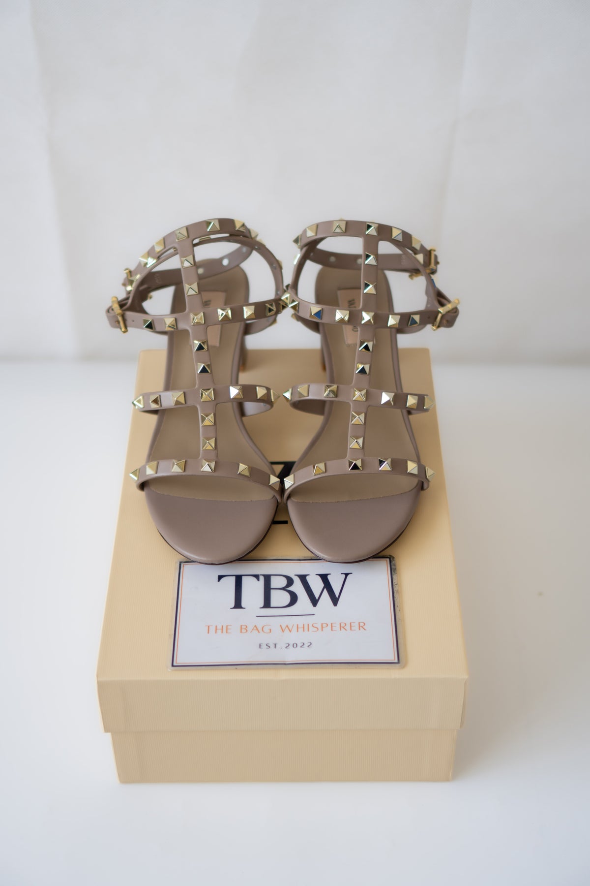 Rockstud Caged Block-Heel Sandals – Taupe / Warm Beige Leather