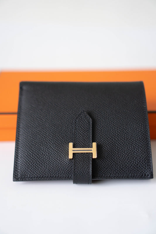 Bearn Compact Wallet – Black Epsom Leather with Gold Hardware