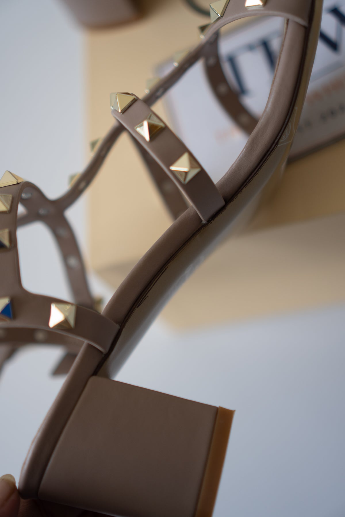 Rockstud Caged Block-Heel Sandals – Taupe / Warm Beige Leather