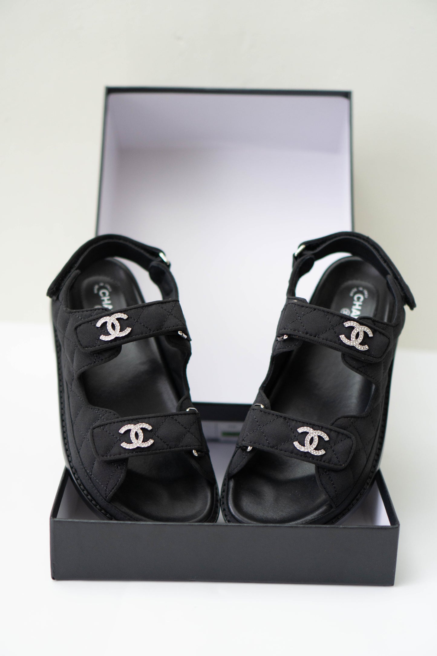 Dad Sandals – Black Fabric with Silver Hardware