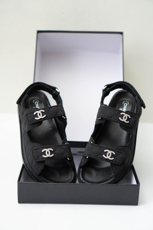 Dad Sandals – Black Fabric with Silver Hardware